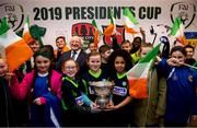 8 February 2019;  Aviva Soccer Sisters, from left, Ruby Dunwoody, Holly Warren, Erin McDonagh, holding The President's Cup in the company of President Michael D Higgins, at the FAI Headquarters in Abbottstown, Dublin, in advance of the Saturday’s 2019 President’s Cup Final, 9th February, at Turners Cross, between Cork City and Dundalk. Photo by Stephen McCarthy/Sportsfile