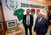 8 February 2019; Paul Wycherley, Cork City General Manager, left, with President Michael D Higgins, at the FAI Headquarters in Abbottstown, Dublin, in advance of the Saturday’s 2019 President’s Cup Final, 9th February, at Turners Cross, between Cork City and Dundalk. Photo by Stephen McCarthy/Sportsfile
