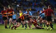 8 February 2019; Matthew Sherwin of St Michael's College is tackled by Joseph German, left, and Sam Vines of CBC Monkstown during the Bank of Ireland Leinster Schools Junior Cup Round 1 match between St Michael's College and C.B.C. Monkstown at Energia Park in Dublin. Photo by David Fitzgerald/Sportsfile