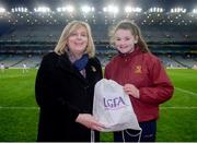 2 February 2019; President of the LGFA Marie Hickey presents an award to Mary Packard of Loreto St Stephen's Green during the Lidl Ladies NFL Division 1 Round 1 match between Dublin and Donegal at Croke Park in Dublin. Photo by Harry Murphy/Sportsfile