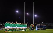 8 February 2019; The teams stand for the national anthem prior to the U20 Six Nations Rugby Championship match between Scotland and Ireland at Netherdale in Galashiels, Scotland. Photo by Brendan Moran/Sportsfile