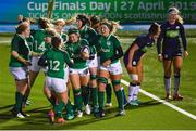8 February 2019; Ireland's Anna Caplice, centre, celebrates with team-mates after scoring her side's third tryduring the Women's Six Nations Rugby Championship match between Scotland and Ireland at Scotstoun Stadium in Glasgow, Scotland. Photo by Ramsey Cardy/Sportsfile