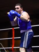 8 February 2019; Stephen McMonagle of Holy Trinity, Belfast, Co Antrim, in his 91+kg bout against James Clarke of Crumlin, Co Dublin, during the 2019 National Elite Men’s & Women’s Elite Boxing Championships at the National Boxing Stadium in Dublin. Photo by Piaras Ó Mídheach/Sportsfile