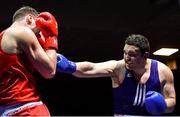 8 February 2019; Stephen McMonagle of Holy Trinity, Belfast, Co Antrim, right, in action against James Clarke of Crumlin, Co Dublin, in their 91+kg bout during the 2019 National Elite Men’s & Women’s Elite Boxing Championships at the National Boxing Stadium in Dublin. Photo by Piaras Ó Mídheach/Sportsfile