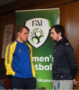 9 February 2019; Amputee Footballer James Conroy, left, speaks with Cork City FC Women's manager Rónán Collins during a FAI Women's Football Conference at the Clayton Hotel Dublin Airport in Dublin. Photo by Harry Murphy/Sportsfile
