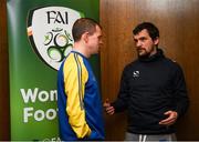9 February 2019; Amputee Footballer James Conroy, left, speaks with Cork City FC Women's manager Rónán Collins during a FAI Women's Football Conference at the Clayton Hotel Dublin Airport in Dublin. Photo by Harry Murphy/Sportsfile