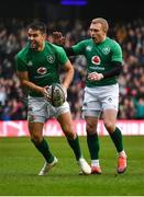 9 February 2019; Conor Murray, left, of Ireland celebrates after scoring his side's first try with teammate Keith Earls during the Guinness Six Nations Rugby Championship match between Scotland and Ireland at the BT Murrayfield Stadium in Edinburgh, Scotland. Photo by Brendan Moran/Sportsfile