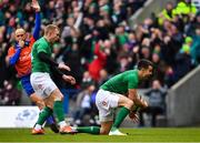 9 February 2019; Conor Murray, right, of Ireland celebrates after scoring his side's first try with teammate Keith Earls during the Guinness Six Nations Rugby Championship match between Scotland and Ireland at the BT Murrayfield Stadium in Edinburgh, Scotland. Photo by Ramsey Cardy/Sportsfile