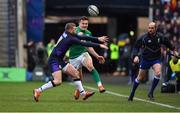 9 February 2019; Jacob Stockdale of Ireland kicks past Finn Russell of Scotland in the build up to Ireland's first try during the Guinness Six Nations Rugby Championship match between Scotland and Ireland at the BT Murrayfield Stadium in Edinburgh, Scotland. Photo by Brendan Moran/Sportsfile