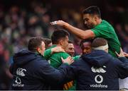 9 February 2019; Jacob Stockdale, centre, of Ireland celebrates with teammates after scoring his side's try during the Guinness Six Nations Rugby Championship match between Scotland and Ireland at the BT Murrayfield Stadium in Edinburgh, Scotland. Photo by Brendan Moran/Sportsfile