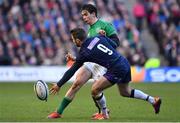 9 February 2019; Joey Carbery of Ireland in action against Greig Laidlaw of Scotland during the Guinness Six Nations Rugby Championship match between Scotland and Ireland at the BT Murrayfield Stadium in Edinburgh, Scotland. Photo by Brendan Moran/Sportsfile