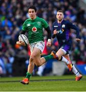 9 February 2019; Joey Carbery of Ireland makes a break in the build-up to Ireland's third try during the Guinness Six Nations Rugby Championship match between Scotland and Ireland at the BT Murrayfield Stadium in Edinburgh, Scotland. Photo by Ramsey Cardy/Sportsfile