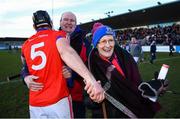 9 February 2019; Donal Cooney of St Thomas' is congratulated by St Thomas' supporters Mary Kelly and John Nylan following the AIB GAA Hurling All-Ireland Senior Championship Semi-Final match between St Thomas' and Ruairí Óg at Parnell Park in Dublin. Photo by David Fitzgerald/Sportsfile