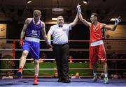 9 February 2019; Aidan Walsh, right, is declared victorious following his 69kg bout against Dean Walsh during the 2019 National Elite Men’s & Women’s Elite Boxing Championships at the National Stadium in Dublin. Photo by David Fitzgerald/Sportsfile