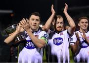 9 February 2019; Dundalk players, from left, Brian Gartland, Chris Shields and Georgie Kelly following the 2019 President's Cup Final between Cork City and Dundalk at Turners Cross in Cork. Photo by Stephen McCarthy/Sportsfile