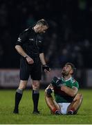 9 February 2019; Referee Anthony Nolan and Aidan O’Shea of Mayo during the Allianz Football League Division 1 Round 3 match between Mayo and Cavan at Elverys MacHale Park in Castlebar, Mayo. Photo by Seb Daly/Sportsfile
