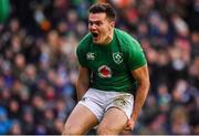 9 February 2019; Jacob Stockdale of Ireland celebrates after scoring his side's second try during the Guinness Six Nations Rugby Championship match between Scotland and Ireland at the BT Murrayfield Stadium in Edinburgh, Scotland. Photo by Brendan Moran/Sportsfile