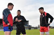 10 February 2019; Referee Noel Mooney with team captains Enda Smith of Roscommon and Matthew Donnelly of Tyrone ahead of the Allianz Football League Division 1 Round 3 match between Roscommon and Tyrone at Dr. Hyde Park in Roscommon. Photo by Seb Daly/Sportsfile