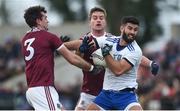 10 February 2019; Neil McAdam of Monaghan in action against Jonathan Duane, left, and Gary O'Donnell of Galway during the Allianz Football League Division 1 Round 3 match between Monaghan and Galway at Inniskeen in Monaghan. Photo by Daire Brennan/Sportsfile