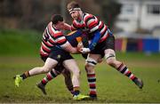 10 February 2019; Lorcan Jones of Skerries is tackled by Daniel Pim, left, and Timmy Morrissey of Enniscorthy during the Bank of Ireland Provincial Towns Cup Round 2 match between Skerries RFC and Enniscorthy RFC at Skerries RFC in Skerries, Dublin. Photo by Brendan Moran/Sportsfile