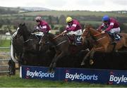 10 February 2019; Dounikos, with Davy Russell up, right, jumps the last on their way to winning alongside, eventual third place finisher, General Principle, with Jack Kennedy up, centre, and eventual second place finisher, Wishmoor, with Andrew Ring up, during the BoyleSports Grand National Trial Handicap Steeplechase on-board Dounikos at Punchestown Racecourse in Naas, Co. Kildare. Photo by David Fitzgerald/Sportsfile