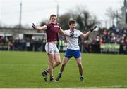 10 February 2019; Kieran Duggan of Galway and Dessie Mone of Monaghan pull each other's jerseys during the Allianz Football League Division 1 Round 3 match between Monaghan and Galway at Inniskeen in Monaghan. Photo by Daire Brennan/Sportsfile