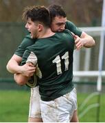 10 February 2019; Finn Murphy, left, of Ireland being congratulated by teammate Cillian Burke after scoring his side's second try during the Irish Universities Rugby Union match between Ireland and Scotland at Queens University in Belfast, Antrim. The Maxol Ireland’s Students took on their Scottish counterparts in the annual International Colours match at Queen’s University Belfast today. Ireland were victorious with a hard fought 31- 03 win against the visitors. This is Maxol’s 27th year of IURU sponsorship, one of the longest and most enduring rugby sponsorships in Ireland  at Queens University in Belfast, Antrim. Photo by Oliver McVeigh/Sportsfile