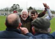 10 February 2019; Shane Walsh of Galway celebrates with former RTÉ correspondent Jim Fahy after the Allianz Football League Division 1 Round 3 match between Monaghan and Galway at Inniskeen in Monaghan. Photo by Daire Brennan/Sportsfile