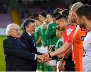 9 February 2019; President of Ireland Michael D Higgins greets the players and officials prior to the 2019 President's Cup Final between Cork City and Dundalk at Turners Cross in Cork. Photo by Stephen McCarthy/Sportsfile