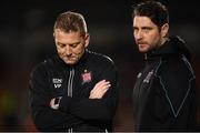 9 February 2019; Dundalk head coach Vinny Perth, left, and assistant head coach Ruaidhri Higgins during the 2019 President's Cup Final between Cork City and Dundalk at Turners Cross in Cork. Photo by Stephen McCarthy/Sportsfile