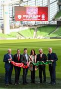 11 February 2019; Sean Cox’s son Jack and wife Martina with, from left, Stephen Felle, Trustee of Sean Cox Rehabilitation Trust, former Liverpool and Republic of Ireland player Jason McAteer, former Liverpool player Ian Rush and FAI Chief Executive John Delaney at the launch of the Liverpool Legends v Republic of Ireland XI game at Aviva Stadium. The game, which will be played in Aviva Stadium on Friday, April 12, will act as a fundraising drive for supporter Sean Cox, who continues to recovery following bad injuries sustained ahead of a Liverpool game. Photo by Stephen McCarthy/Sportsfile