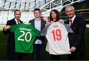 11 February 2019; Sean Cox’s wife Martina and son Jack with former Liverpool players Jason McAteer, left, and Ian Rush, right, at the launch of the Liverpool Legends v Republic of Ireland XI game at Aviva Stadium. The game, which will be played in Aviva Stadium on Friday, April 12, will act as a fundraising drive for supporter Sean Cox, who continues to recovery following bad injuries sustained ahead of a Liverpool game. Photo by Stephen McCarthy/Sportsfile