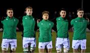8 February 2019; Ireland players, from left, Scott Penny, Martin Moloney, Liam Turner, John Hodnett and Jake Flannery stand for the national anthems prior to the U20 Six Nations Rugby Championship match between Scotland and Ireland at Netherdale in Galashiels, Scotland. Photo by Brendan Moran/Sportsfile