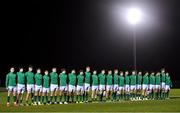 8 February 2019; The Ireland team stand for the national anthems prior to the U20 Six Nations Rugby Championship match between Scotland and Ireland at Netherdale in Galashiels, Scotland. Photo by Brendan Moran/Sportsfile
