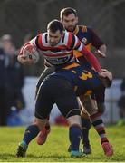 10 February 2019; Ivan Jacob of Ennicorthy is tackled by David Goodman of Skerries during the Bank of Ireland Provincial Towns Cup Round 2 match between Skerries RFC and Enniscorthy RFC at Skerries RFC in Skerries, Dublin. Photo by Brendan Moran/Sportsfile