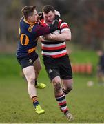 10 February 2019; Daniel Pim of Ennicorthy is tackled by Lorcan Jones of Skerries during the Bank of Ireland Provincial Towns Cup Round 2 match between Skerries RFC and Enniscorthy RFC at Skerries RFC in Skerries, Dublin. Photo by Brendan Moran/Sportsfile