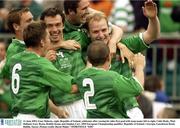 11 June 2003; Gary Doherty, right, Republic of Ireland, celebrates after scoring his sides first goal with team-mates left to right, Colin Healy, Matt Holland, Gary Breen, Robbie Keane and Stephen Carr. 2004 European Championship qualifier, Republic of Ireland v Georgia, Lansdowne Road, Dublin. Soccer. Picture credit; David Maher / SPORTSFILE *EDI*