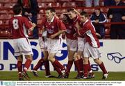 26 September 2003; Jason Byrne, third from right, Shelbourne, celebrates after scoring his sides first goal with team-mates. eircom league Premier Division, Shelbourne v St. Patrick's Athletic, Tolka Park, Dublin. Picture credit; David Maher / SPORTSFILE *EDI*