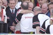 28 September 2003; Peter Canavan, Tyrone captain, is congratulated by manager Mickey Harte after the win against Armagh. Bank of Ireland All-Ireland Senior Football Championship Final, Armagh v Tyrone, Croke Park, Dublin. Picture credit; Matt Browne / SPORTSFILE *EDI*