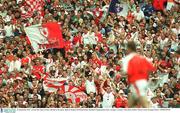 28 September 2003; Tyrone fans cheer on their side late in the game. Bank of Ireland All-Ireland Senior Football Championship Final, Armagh v Tyrone, Croke Park, Dublin. Picture credit; Brendan Moran / SPORTSFILE