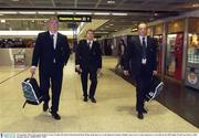 29 September 2003; Irish squad members Victor Costello, left, Brian O'Driscoll and Denis Hickie make their way to the Departure lounge in Dublin Airport prior to their departure to Australia for the 2003 Rugby World Cup. Picture credit; Brendan Moran / SPORTSFILE *EDI*