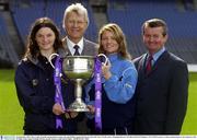 30 September 2003; Mayo Ladies Football captain Helena Lohan, left, and Dublin captain Martina Farrell, with Tony Towell, centre, Managing Director O'Neills and Pol O'Gallchoir, TG4 Chief Executive, at their announcment as new sponsors, with O'Neills, of the Ladies Football All-Star awards. Picture credit; David Maher / SPORTSFILE *EDI*