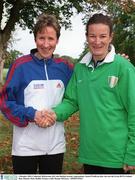 5 October 2003; Catherina McKiernan, left, who finished second, congratulates Sonia O'Sullivan after she won the Great BUPA Ireland Run, Phoenix Park, Dublin. Picture credit; Ronnie McGarry / SPORTSFILE