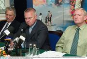 7 October 2003; Former Kerry coach, Páidí Ó Sé, flanked by Tom Long and Liam Higgins at a press conference in the Gleneagle Hotel, Killarney. Ó Sé announced to the press that he would not be going forward for re-selection as the Kerry coach. Picture credit; SPORTSFILE *EDI*