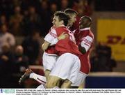 8 October 2003; Keith Fahy, centre, St. Patrick's Athletic, celebrates after scoring his sides first  goal with team-mates Darragh Maguire, left, and Charles Livingstone Mabazi. FAI Carlsberg Cup Semi-Final Replay, St. Patrick's Athletic v Bohemians, Richmond Park, Dublin. Soccer. Picture credit; David Maher / SPORTSFILE *EDI*