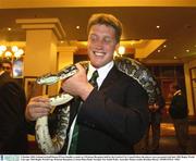9 October 2003; Ireland out-half Ronan O'Gara handles a snake at a Welcome Reception held by the Gosford City Council where the players were presented with their 2003 Rugby World Cup caps. 2003 Rugby World Cup, Welcome Reception, Crowne Plaza Hotel, Terrigal, New South Wales, Australia. Picture credit; Brendan Moran / SPORTSFILE *EDI*