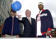 9 October 2003; Minister for Sport, Travel and Tourism John O'Donoghue T.D. with Tim Sullivan, Glen Eagle Lakers and Ron Bruton, right, Notre Dame Basketball Club, at the launch of the ESB Super League and Basketball Ireland. Clarion Hotel, Dublin. Picture credit; Pat Murphy / SPORTSFILE *EDI*