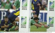 11 October 2003; Shane Horgan, Ireland, scores his sides 1st try against Romania. 2003 Rugby World Cup, Pool A, Ireland v Romania, Central Coast Stadium, Gosford, New South Wales, Australia. Picture credit; Brendan Moran / SPORTSFILE *EDI*