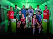 12 February 2019; SSE Airtricity League Premier Division players, from left, Ronan Murray of Sligo Rovers, Matthew Connor of Waterford FC, Colm Horgan of Cork City, seated, Keith Buckley of Bohemians, seated, Sam Verdon of Finn Harps, Brian Gartland of Dundalk, Barry McNamee of Derry City, seated, Gary O'Neill of UCD, seated, Sean Boyd of Shamrock Rovers and Ian Bermingham of St. Patrick's Athletic during the launch of the 2019 SSE Airtricity League season at the Aviva Stadium, Lansdowne Road in Dublin. Photo by Stephen McCarthy/Sportsfile
