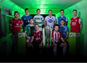12 February 2019; SSE Airtricity League Premier Division players, from left, Ronan Murray of Sligo Rovers, Matthew Connor of Waterford FC, Colm Horgan of Cork City, seated, Keith Buckley of Bohemians, seated, Sam Verdon of Finn Harps, Brian Gartland of Dundalk, Barry McNamee of Derry City, seated, Gary O'Neill of UCD, seated, Sean Boyd of Shamrock Rovers and Ian Bermingham of St. Patrick's Athletic during the launch of the 2019 SSE Airtricity League season at the Aviva Stadium, Lansdowne Road in Dublin. Photo by Stephen McCarthy/Sportsfile